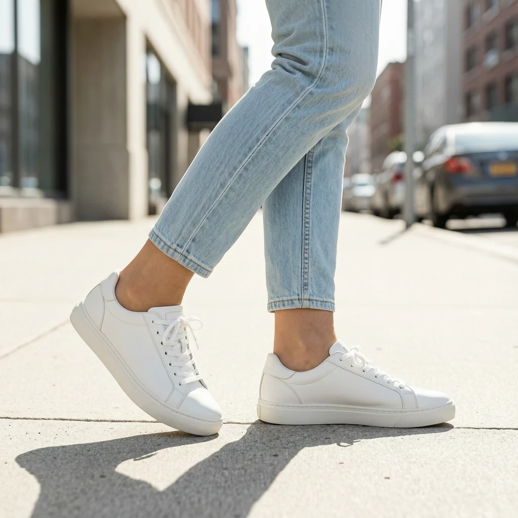 đôi giày sneaker trắng đang mang trên chân người mẫu đi trên phố