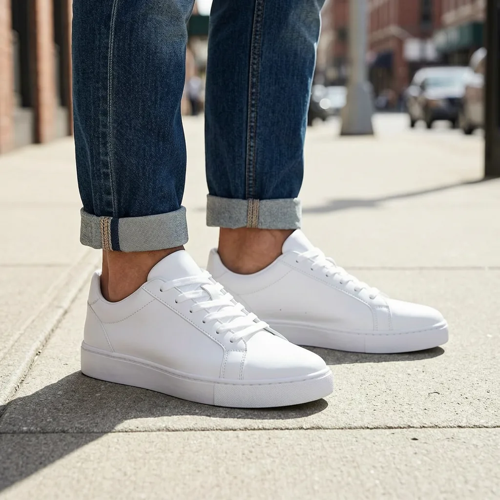 giày sneaker trắng trên chân người mẫu phong cách đường phố