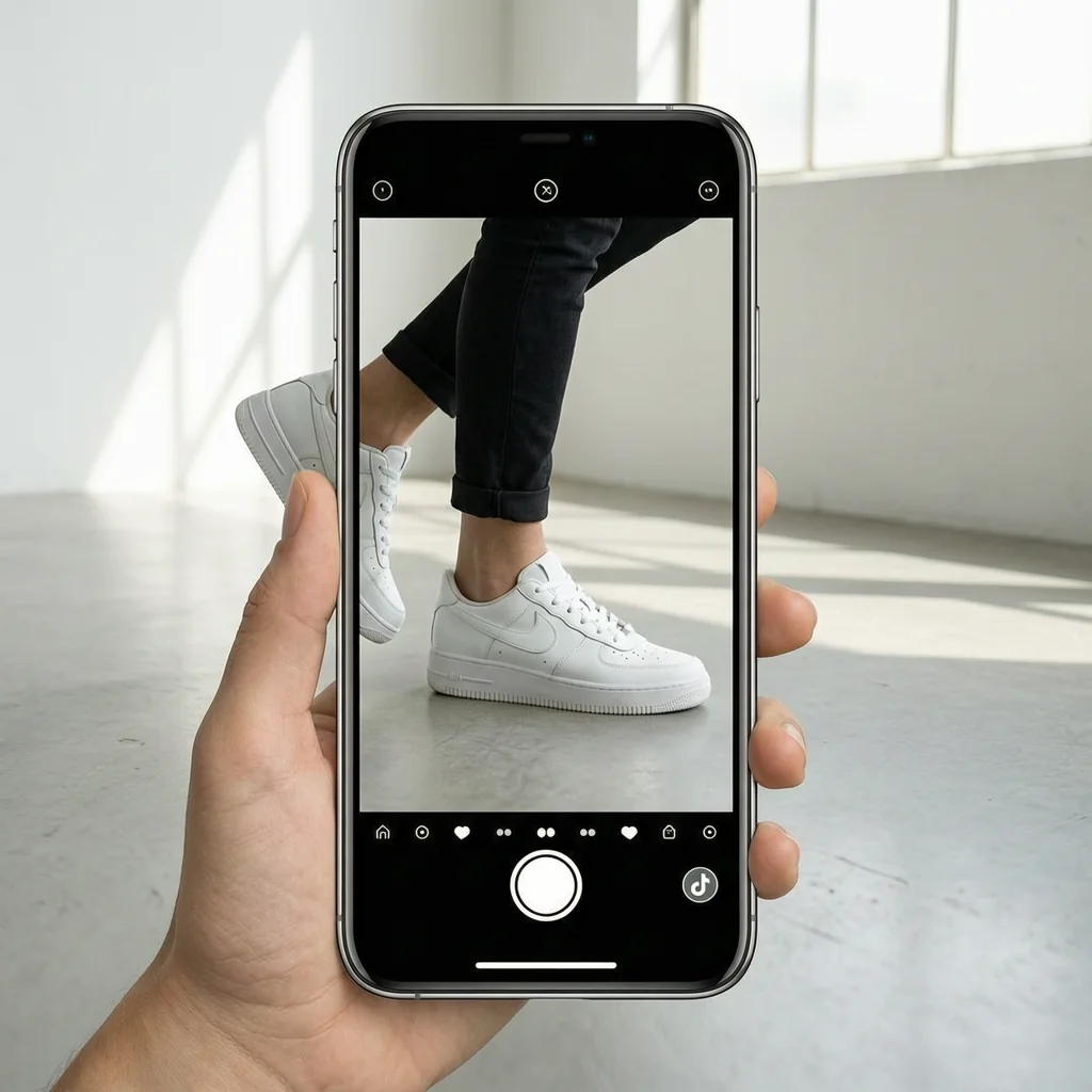 quay video dọc giày đang mang trên chân người mẫu cho TikTok Shop