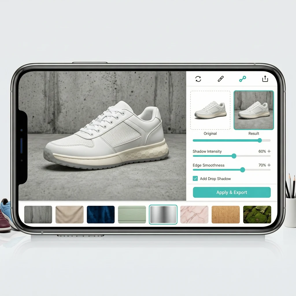 giao diện app xoá nền AI đang đổi nền bê tông cho sneaker trắng