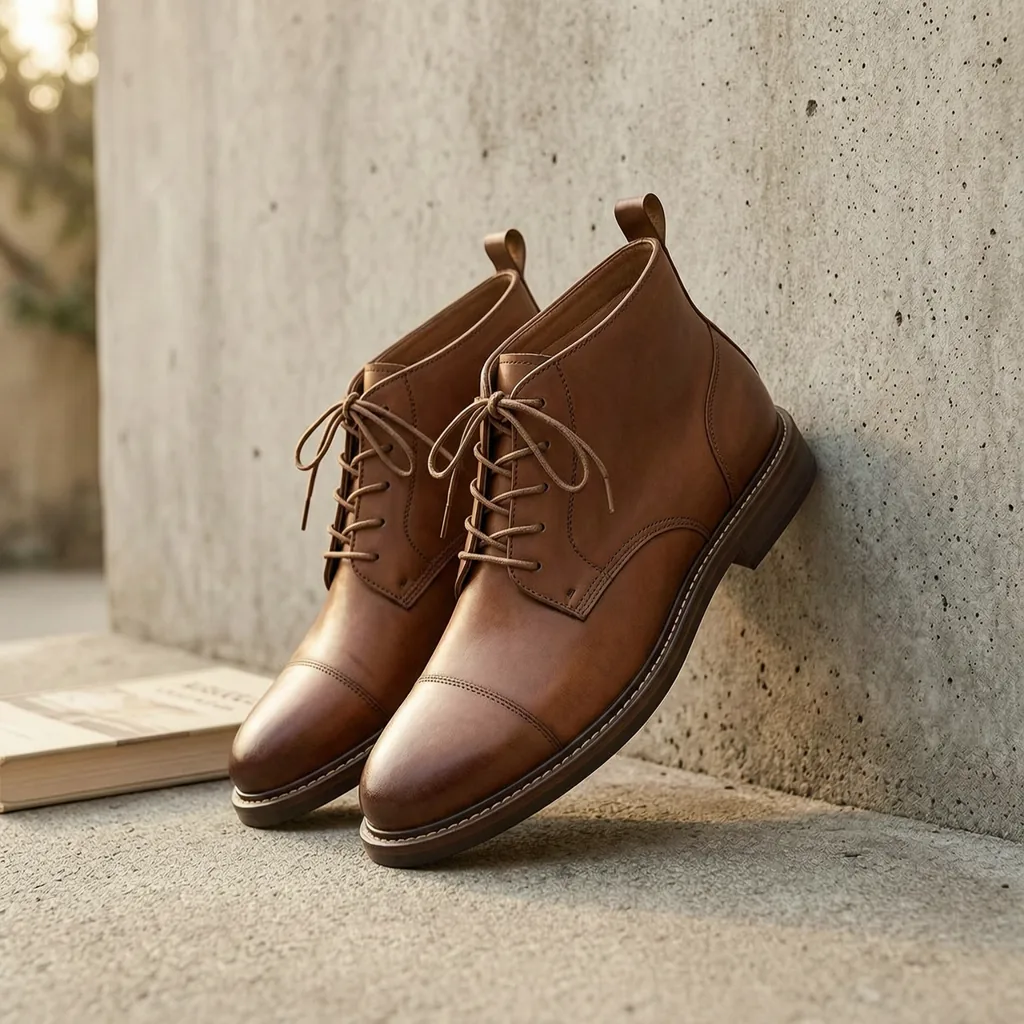 giày da dựa tường xi măng với quyển sách, nền lifestyle tại nhà