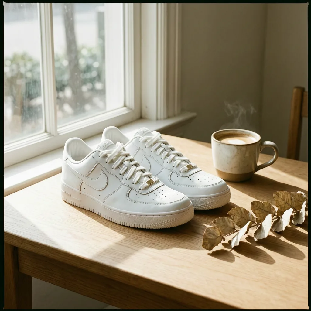 đôi giày sneaker trên bàn gỗ cạnh tách cà phê, nền lifestyle