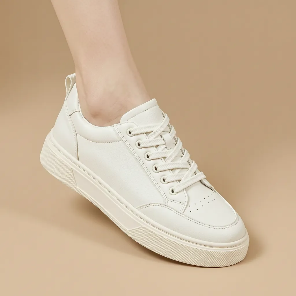 giày sneaker trắng trên chân người mẫu, nền be trơn